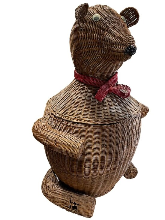 Vintage Whimsical Wicker Bear Basket Large Animal Hamper  Vintage Whimsical Wicker Bear Basket Large Animal Hamper Storage 30” Tall Rustic